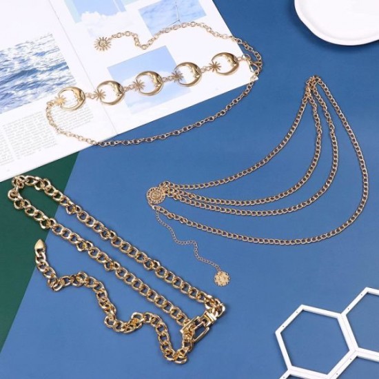 3Pieces Chain Belts For Women Metal Belt Chain Waist Adjustable Body Waist Chain Belly Chain For Dress